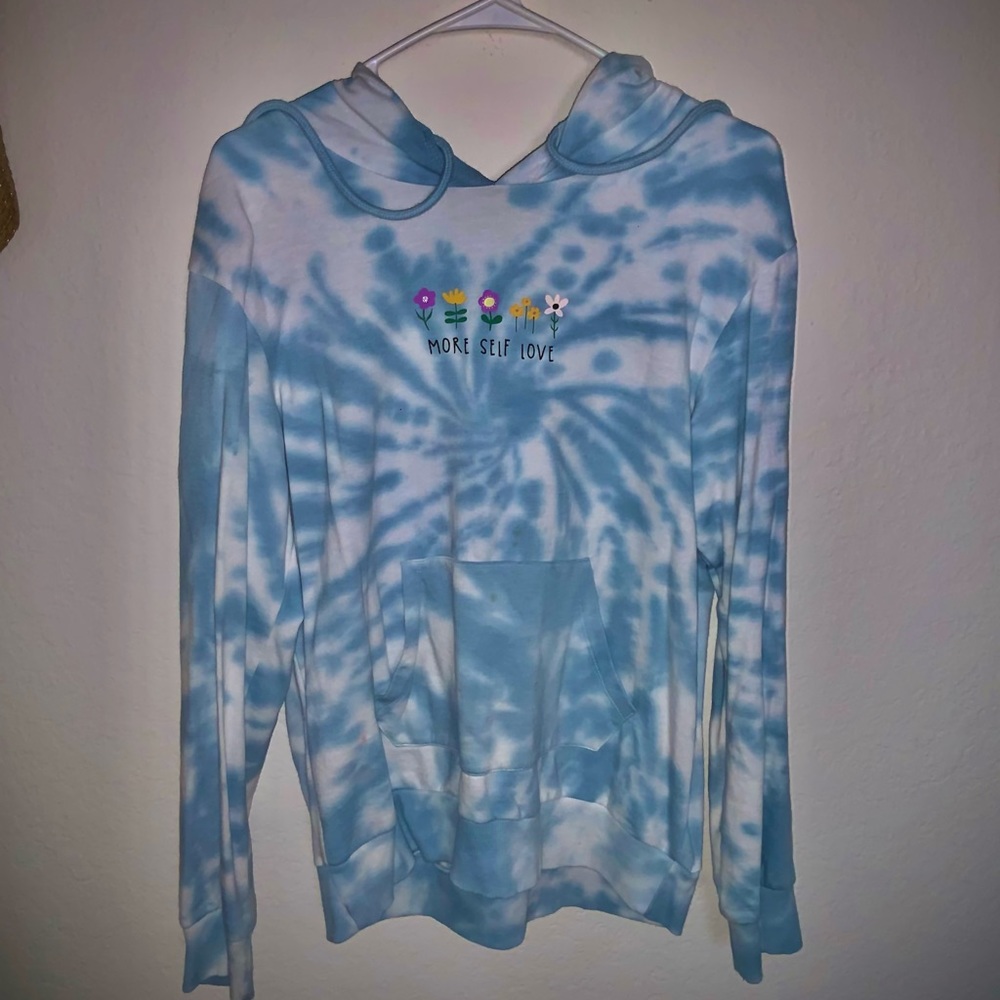 BLUE WHITE TYEDYE SELF LOVE FLOWER HOODIE SWEATER
